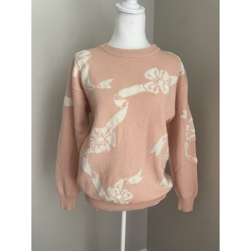 Vintage JH Collectibles Women M Sweater Pink Bow Ribbon Wool Coquette Feminine